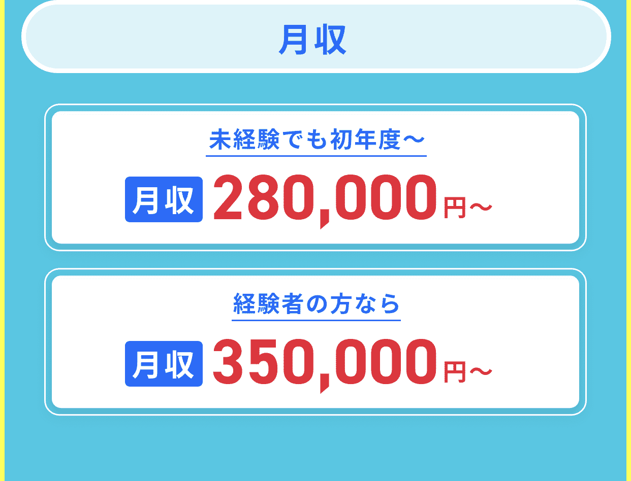 月収｜月収は未経験でも初年度〜280,000円〜、経験者の方は350,000円〜