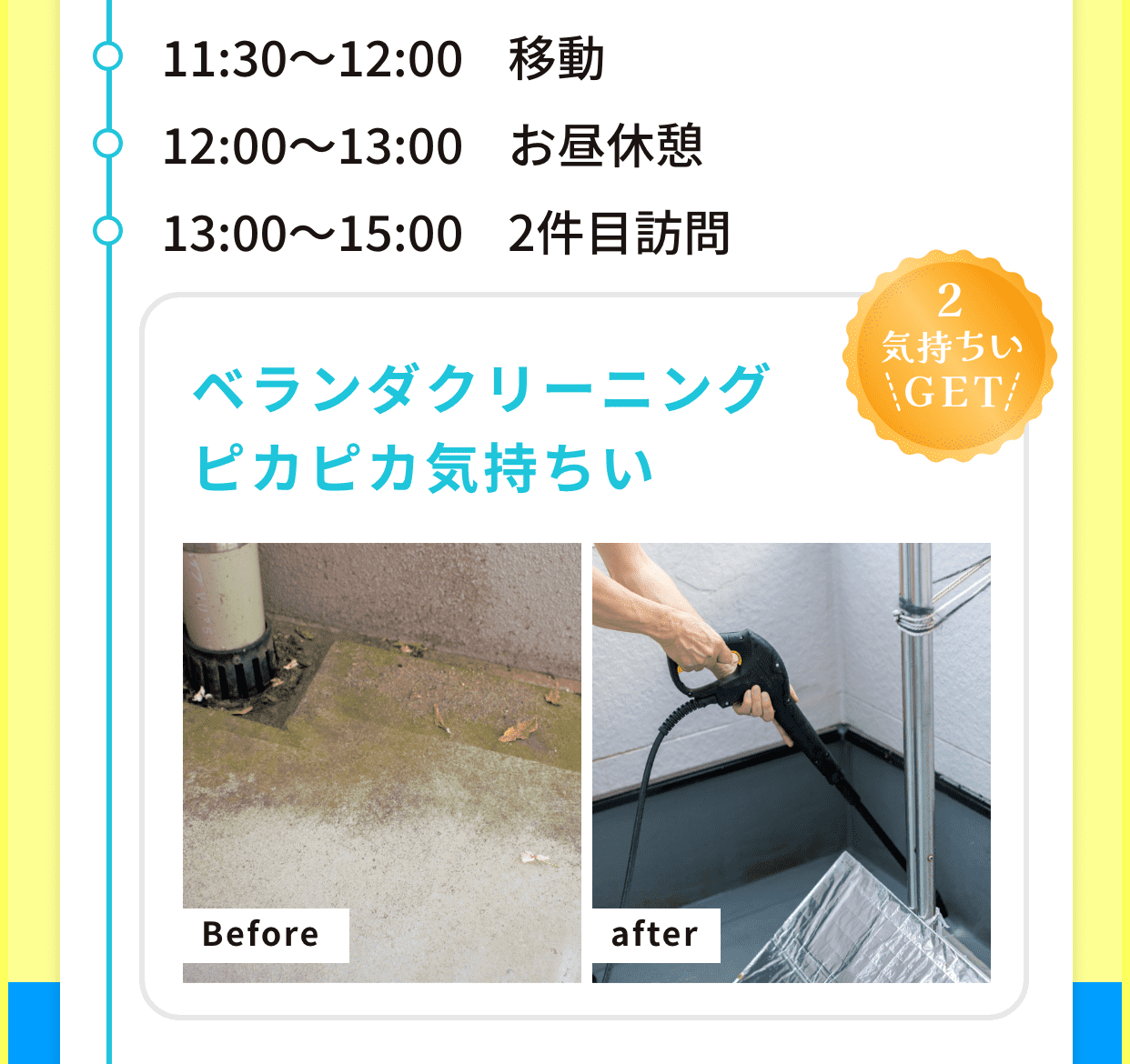 12時から13時まで昼休憩、13時から2件目の作業を行い、15時に終了